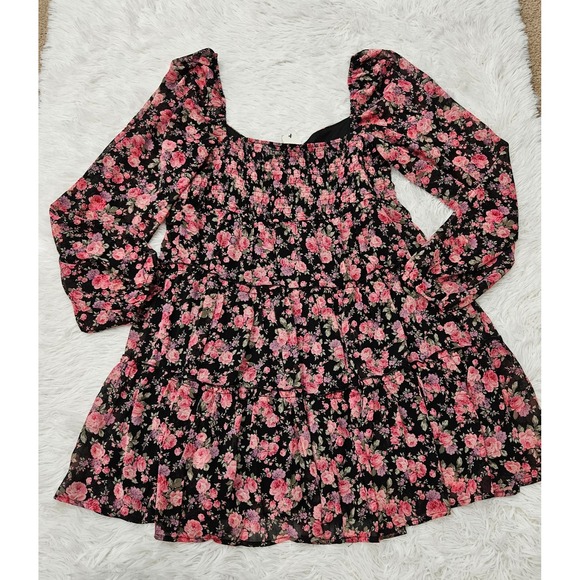 NWT Francesca's Sz L Pink Floral Babydoll Balloon Sleeve Tiered Mini Dress - Picture 4 of 11